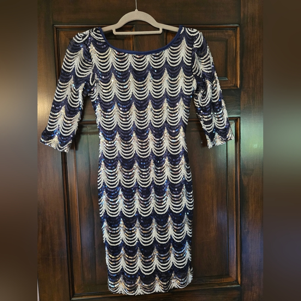 Open Back Navy and Silver Sequin Dress